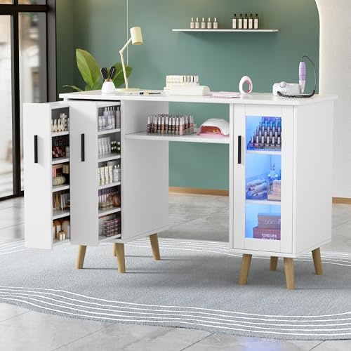 Table Prothésiste Ongulaire,Table de Manucure Bois avec 2 Casiers Coulissants Verticaux,Armoire à 3 Niveaux de Grande Capacité,8 Pieds en Bois Massif et Lumières LED réglables pour Salon de Beauté