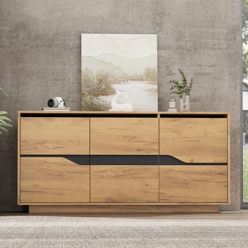 Merax Buffet 140 x 40 x 70 cm – Commode moderne avec 3 portes et cloisons réglables, armoire de salon et de cuisine multifonction en couleur bois + noir – Armoire de rangement polyvalente