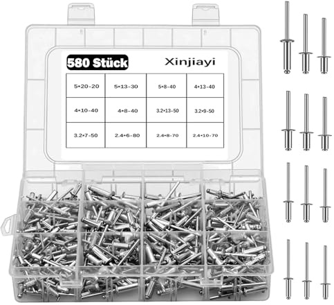 580 tlg Aluminium Nieten, 12 Größen Nieten Set 2,4/3/3,2/4/5 mm
