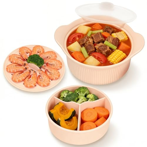 42oz Silicone Microwave Steamer Pot, 3 Grid Split Cooking Container with Handle, Multifunctional Food Steamer for Vegetables Fish Daily Healthy Cooking