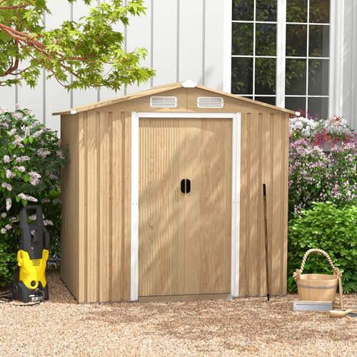 GOPLUS 2,34m² Abri de Jardin en Acier Galvanisé 4,36m³ XXL, 197x143x184CM, Cabane de Jardin Exterieur pour Outils, 2 Portes Verrouillable, Toit en Pente, 4 Aérations, Naturel (2.34M² | sans Base)