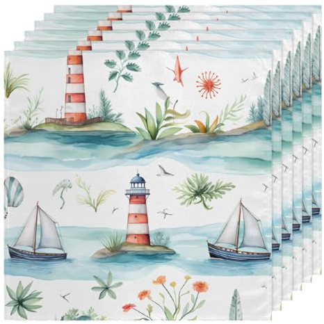 Servilletas de tela reutilizables de poliéster satinado de 50 x 50 cm, para bodas, velero, faro náutico, océano, 6 unidades