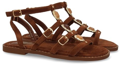 shoes&blues.es Sandalia Plana Mujer con Estilo Romano, Diseno de Tiras Cruzadas y Adorno de Pedreria y Hebillas. Cierre de Hebilla en el Tobillo. Suela Comoda y Ligera. Ideal para Verano.