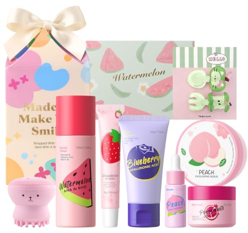 Fruits Skincare Set, 14Pcs Coffret Cadeau Soin Visage Femme Adolescente | avec Nettoyant, Crème Yeux, Lotion Tonique, Sérum, Crème, Masque Yeux/Lèvres/Visage, pour Nettoyage Doux & Hydratation