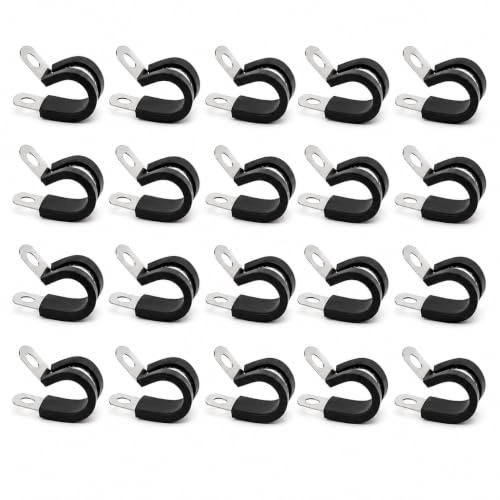20 PCS 304 Stainless Steel Rubber Cushioned R Shape Clamps, Cable Cleats Pipe Clips, Hose Conduit Clips Waterproof Rust Prevention Metal Wire Cable Clamps for Cable, Cord, Wire, Tube(16mm)