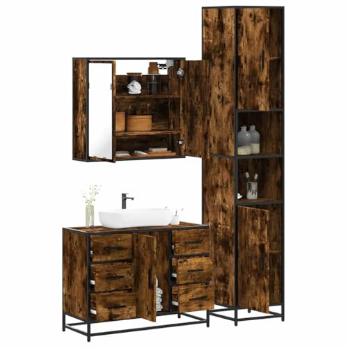 Molumvel 3-TLG. Badmöbel-Set in Räuchereiche-Optik, Waschtischunterschrank mit Spiegelschrank und Badschrank, Badezimmer-Möbelset aus Holzwerkstoff