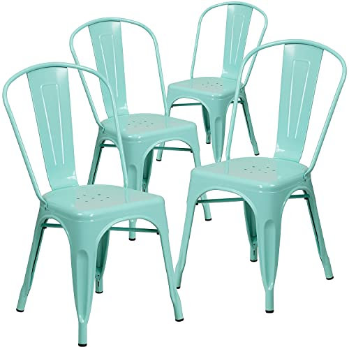 Flash Furniture Blake Commercial Grade Sedia impilabile per interni ed esterni in metallo verde menta, confezione da 4
