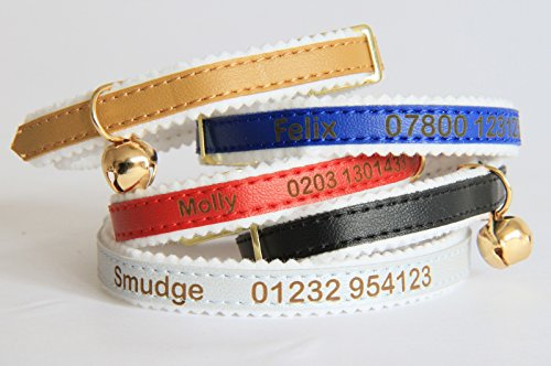 Personalisiertes Katzenhalsband mit Glöckchen (Schwarz) ~ mit Wunschgravur | Laser-gravierte Katzenmarke, Individuell gestaltet mit Wunschtext oder Name ~ aus weichem gepolstertem PU-Leder
