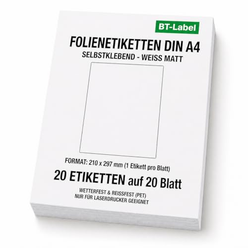 BT-Label 20 Folien-Etiketten Aufkleber auf 20 DIN A4 Blatt Klebefolie Etiketten Wetterfest 210 x 297 mm weiß selbstklebend bedruckbar mit Laserdrucker zum Beschriften
