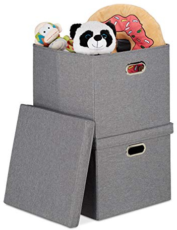 Relaxdays 2 x Aufbewahrungsbox, Faltbare Ordnungsbox mit Deckel, je 51 l, Faltbox quadratisch, 34 x 43 x 43 cm, Stoffboxen, grau
