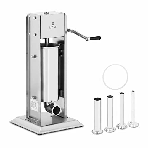 Royal Catering Poussoir À Saucisse Machine A Viande Manuel Vertical Bourreuse Embosseuse Charcuterie Main RCWV-5L (Volume 5 l, Cylindre Ø 15 cm, 4 Tubes De Remplissage, 2 Vitesses, Manivelle)