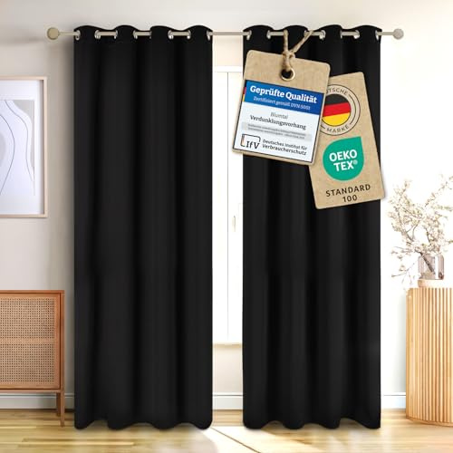 Blumtal Verdunklungsvorhänge 2er Set - Thermovorhang Hitzeschutz - Vorhang Blickdicht mit Ösen - Gardinenschals mit Schlaufen - Isoliervorhang - Gardinen 160x132 cm - Wärmeschutzvorhang - Schwarz
