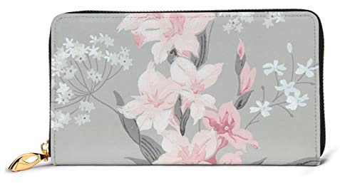 Rosa Blumen auf grau bedrucktem Leder-Portemonnaie, bedruckter Damen-Geldbörsen-Clutch-Geldbörsen-Kartenhalter-Organizer