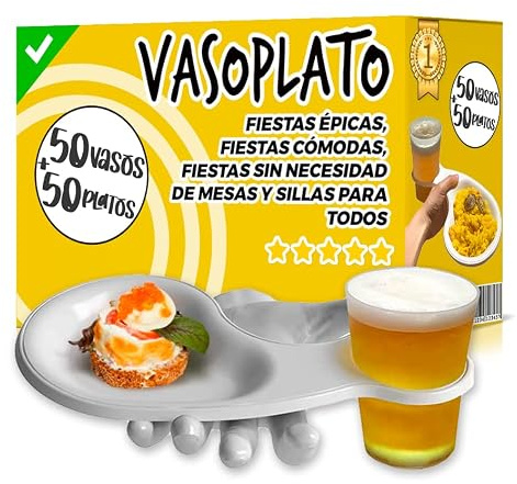 Platos Plastico Duro Reutilizables - Vaso Plato Reutilizable 2 en 1 - Vasos Plastico Duro Reutilizable + Plato Incorporado - Platos para Fiestas, Bodas, Cumpleaños y Eventos - Apto para Lavavajillas
