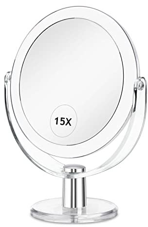CLSEVXY Vanity Makeup Mirror with Stand, 1X/15X Magnification Double Sided 360 Degree Swivel, Portable Table Desk Counter top Magnifying Mirror, Bathroom Shaving, 6.25 Inch