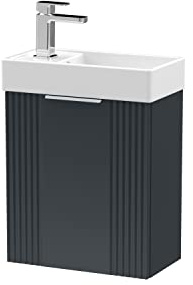 nuie FLT1490 Deco Compact Modern Bathroom Wall Hung Part Fluted 1 Door Slimline Vanity Basin Unit with Ceramic Basin, 400mm, Soft Black