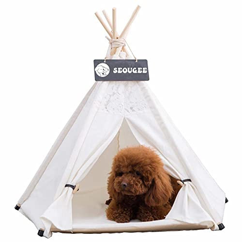 SEOUGEE Pets Tipi Zelt für Hunde und Katzen Waschbar und Abnehmbar Baumwolle Canvas Hundebett und Katzenhaus mit Kissen Indoor und Outdoor Pet Kennel and Play House Portable and Stylish Tipi Design