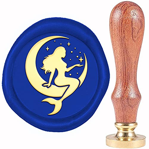 craspire Mond-Wachs-Siegelstempel, Meerjungfrau, Siegelwachs-Stempel, 20 mm, Retro-Vintage, Abnehmbarer Messing-Stempelkopf Mit Holzgriff Für Hochzeitseinladungen, Halloween, Weihnachten