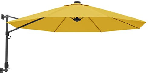 vidaXL Wall-Mounted Yellow Parasol with LEDs - 290cm Diameter, UV-Protective & Anti-Fade Polyester Canopy, Powder-Coated Aluminium Frame, Tiltable Design for Outdoor Spaces