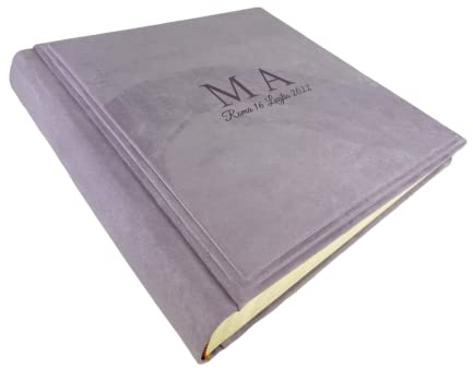 Album Fotografico artigianale elegante in Tessuto Alcantara, Personalizzabile con Incisione. Ideale per Matrimonio, Comunione, Battesimo, Qualsiasi Evento (Lilla)