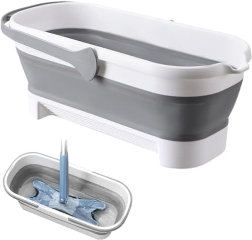 Großer Flachmop Flacher Wischmopp 360 Drehgelenk Bodenwischer Set mit Wiederverwendbar Mikrofaser Wischpads Entwässerungsschabermopp Auswringfunktion für Hartholz Fliesen (Weiß Eimer)