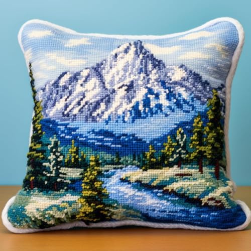 Taxpy Diy Knüpfkissen Mit Vordruck Schnee Berg Wald Landschaft Kissenbezug N?hen Herstellung Kits Diy H?kelgarn Kits Stickerei Kits 17X17In B