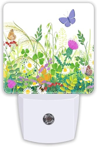 Spring Butterfly Plug-in LED Night Light,Floral Wildflowers Auto Dusk to Dawn Sensor Nightlights Plug into Wall,Flower White Energy Efficient Night light for Bedroom,Bathroom,Kitchen,Stairs,Hallway