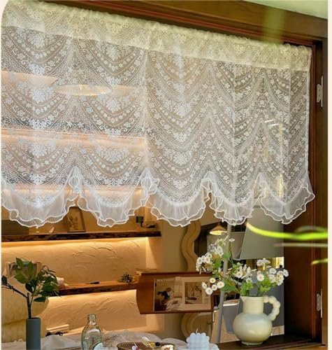 Vordesack Stickerei Scheibengardine mit Blumenmuster und Häkelkante Landhausstil Kurzstore mit Stangendurchzug 1 Stück Weiß HxB 60x80cm