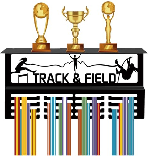 CREATCABIN Leichtathletik-Medaillenaufhänger,Display,Trophäenregal,Medaillenhalter Mit Regalständer,Sport,4 Reihe,Metall-Wandhalterung Zum Aufhängen,Für Mehr als 70Medaillen Für Laufen,Band,40x20x10cm