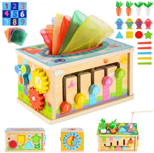 CHMMY Holzspielzeug Baby Set, 7 in 1 Baby Montessori Spielzeug Tissue Box Karotten für Kinder, Motorikwürfel Holzspielzeug 1 2 3 Jahre, Lernspielzeug Geschenk für Kinder