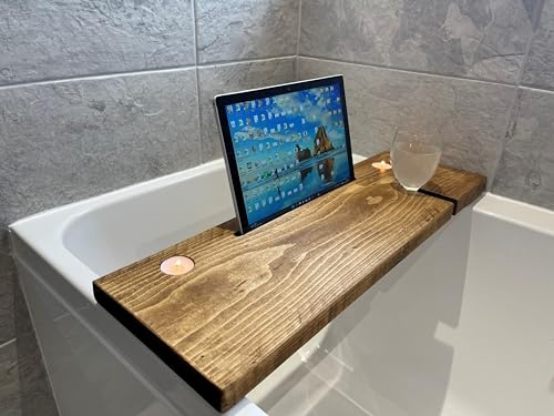 Urban Reclamation Wyedale Bath Board | Bath Caddy | Rustic Timber Bath Tray | Handmade Solid Wood Bath Tub Wine Glass Tablet Phone Candle Holder (Dark Oak, 65 cm)