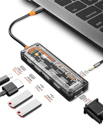 Mueuton USB C HUB, Docking Station, mit 4K HDMI, VGA, 100W PD, USB 3.0/2.0, 3.5mm Audio&Mic, 6-in-1 Multiport USB C Dock Adapter, kompatibel mit MacBook Pro/Air und Anderen Typ-C-Geräten