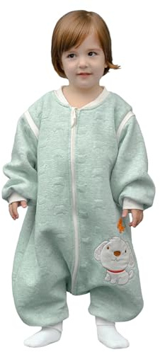 Sovsäck baby lång ärm vinter barnsovsäck, hundmönster baby sovsäck med fötter bomull pojke flicka unisex året runt pyjamas. (S: 80 cm 0–16 månad, grön)