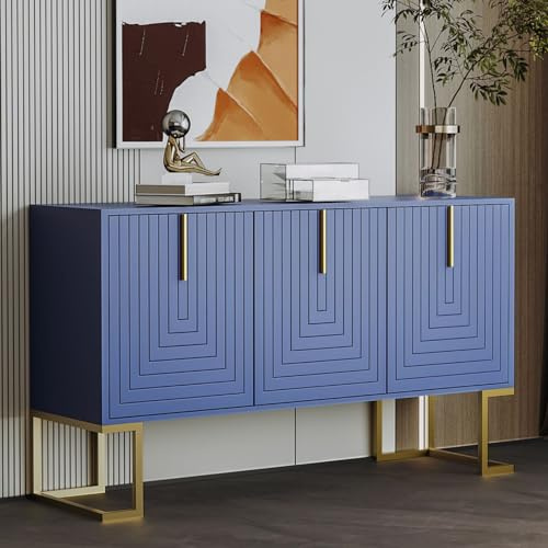 KOMHTOM Blauer Aufbewahrungsschrank mit DREI Türen Sideboard mit verstellbaren Trennwänden Mehrzweckschrank für Wohnzimmer Schlafzimmer Esszimmer (Blau)