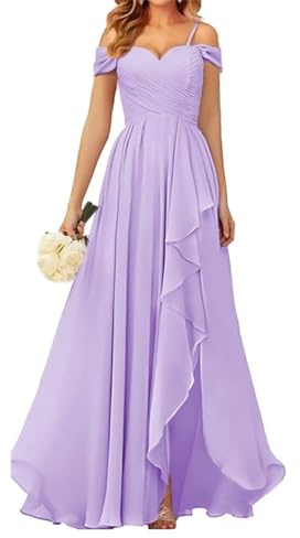 WSEYU Women's Off Shoulder Bridesmaid Dresses with Slit Spaghetti Straps Chiffon Formal Party Evening Gown Lilac UK18