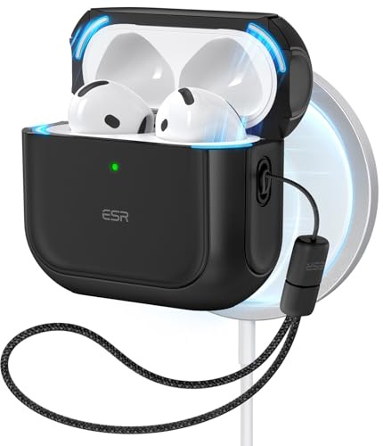 ESR Hülle für AirPods 4, Kabelloses Laden, Magnetischer Deckel, Schwarz | Schutzhülle mit Handschlaufe, kompatibel mit AirPods 4 Gen. (2024) USB-C, Schutzhülle, Orbit Hybrid Serie
