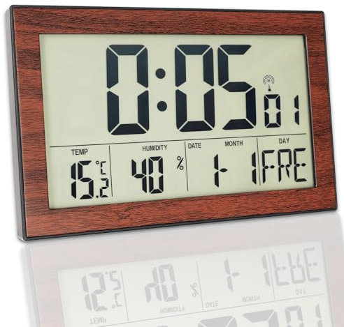 Horloge murale numérique radio-pilotée Affichage température-humidité Plastique grain de bois 20,1 x 12,4 cm