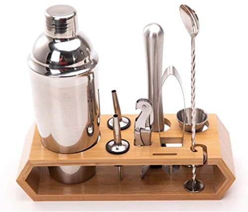 HPTHLY Set di 10 Shaker per Cocktail in Acciaio Inossidabile, Kit per Bar con Supporto Quadrato in Legno per baristi, Set per Feste e Drink