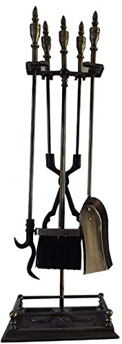 Lot de 5 outils de cheminée en fonte robuste pour le salon, l'extérieur, l'intérieur – Pince, pelle, brosse, tisonnier et support de tisonnier inclus
