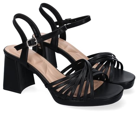 shoes&blues.es 90510 Sandalia de Tacon Ancho para Mujer, Comodo, Pala con Tiras Enredadas, y Cierre de Hebilla, Ideales para Primavera-Verano. Negro Talla 39