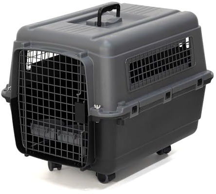 SportPet Airline Compliant MEDIUM 24.25 Travel Dog Kennel-Durable Plastic Airline Pet Carrier w/ Removable Wheels & Food Bowls, Collapsible Indoor/Outdoor Dog Kennel, Dogs up to 23L & 15H-Dark Gray