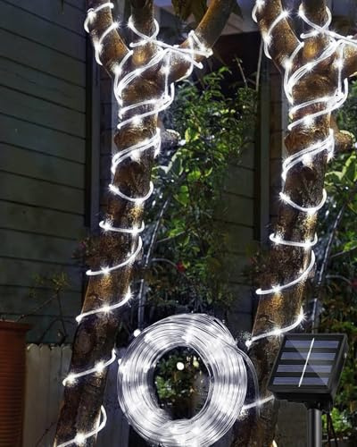 SIOOUI Guirlande Lumineuse Solaire Extérieure 12m 100 LED, IP65 Étanche Guirlande Lumineuse Solaire Décoration Lumières avec 8 Modes d'Éclairage pour Jardin Arbre Fête Décoration de Noël-Blanc