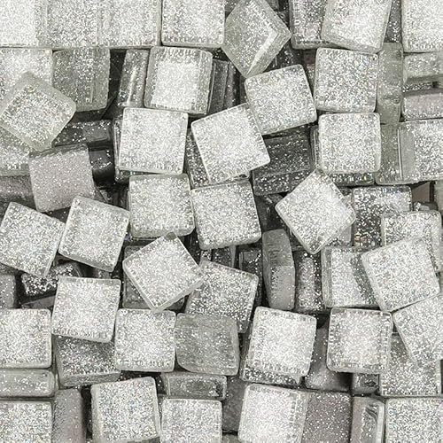 CSSHNL Kristall Mosaik Fliesen 80 g/2,82 Unzen (ca. 85 Stück) glitzerndes, glänzendes Glas, reinfarbige Mosaikfliesen, 1 cm quadratischer Mosaikstein, mehrfarbiges DIY-Bastelmaterial(Light Grey)
