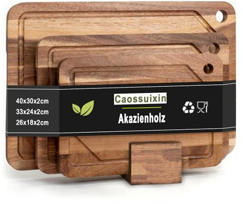 Caossuixin 3er Wooden Chopping Board Set with Stand & Oil, Acacia Wood Cutting Boards for Kitchen, Pre-Oiled, Non-Slip and Non-Marking, (40cm X 30cm, 33cm X 24cm, 26cm X 18cm)
