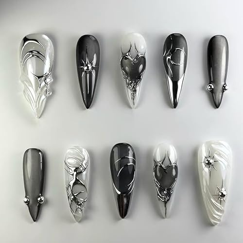 MouyouGlow Press on Nails Short Kurz,Almond Schwarz Silber French 3D Herz Wavy Chrome Cat Eye Sterne Magnetic Gothic Hallowee Fake Nails mit Nagelkleber,Silver Tips Black Künstliche Fingernägel