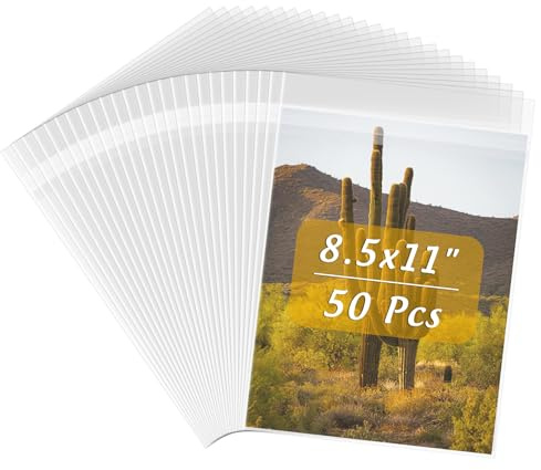 Frametory Acid-Free Plastic Sleeves Clear Storage Bags, 50 Pcs Self Sealing Cellophane Bags for 8.5x11 Art Prints, Photos, Mat Boards