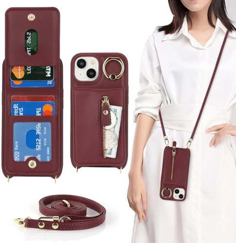 CAVOR Handykette Handyhülle kompatibel mit iPhone 15 Hülle Mit Band,Flip Leder Geldborse Handytasche,[4 Kartenfach][Ring Stander][Schnalle],Handyhülle zum Umhängeband - Burgunder