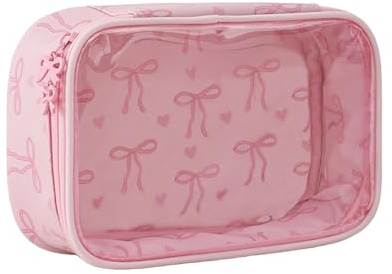 Transparente Schminktasche Damen Mädchen, Kosmetiktasche Kleine mit Rosa Schleife, Niedrige Make up Bag für Handtasche, Kulturtasche, Geschenkidee für Freundin, Mama, Brautjungfer