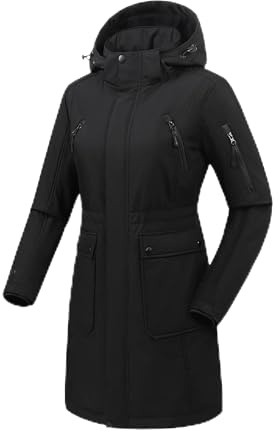 Ladies Heated Softshell Long Jacket, Warm Winter Coat with Electric Heating, Detachable Hood and 7.4V Battery, Women's Long Shell, 3XL