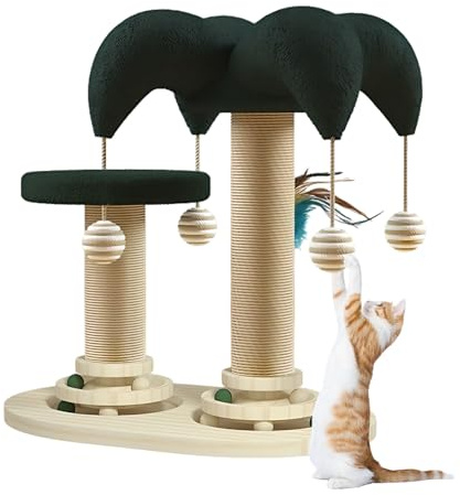 Interaktives Katzenspielzeug, 6-in-1-Katzenmöbel aus Holz, geeignet für mittelgroße bis kleine Katzen zum Trainieren, ausgestattet mit hängenden Bällen, Laufbällen und einem Katzenkratzbrett aus Jute